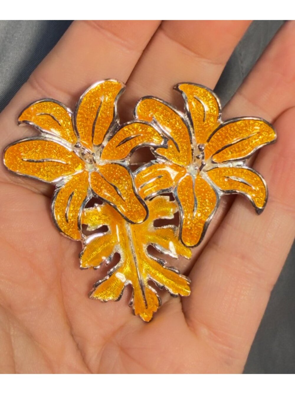 Vintage Orange Enamel Leaf Brooch Glitter Finish Silver Tone 2.5"